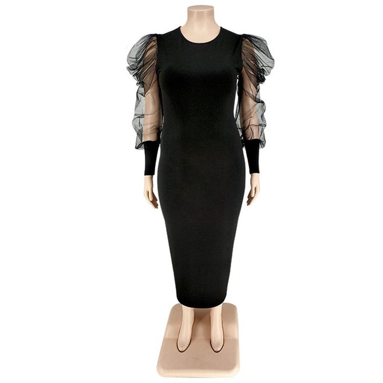 Plus Size Rund Neck Mesh Långärmad Bodycon Puff Sleeve Bodycon Klänning