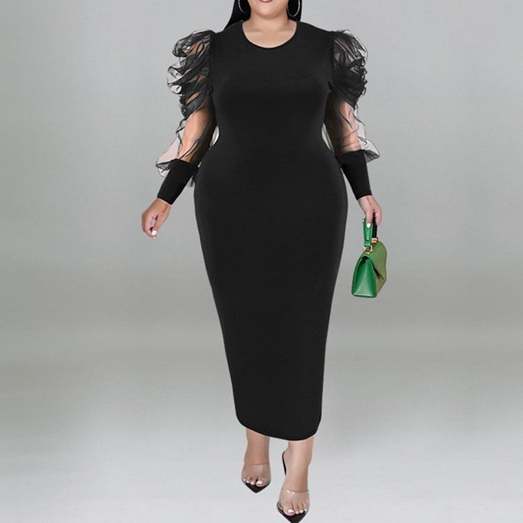 Plus Size Rund Neck Mesh Långärmad Bodycon Puff Sleeve Bodycon Klänning