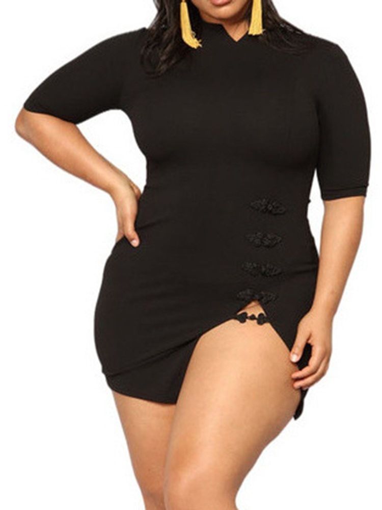 Plus Size Split Above Knee Turtleneck Vanlig Koreansk Klänning