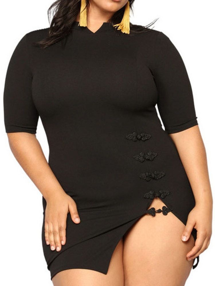 Plus Size Split Above Knee Turtleneck Vanlig Koreansk Klänning