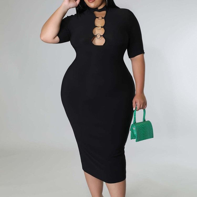 Plus Size Stativ Krage Mid-Calf Hollow Fall Bodycon Klänning