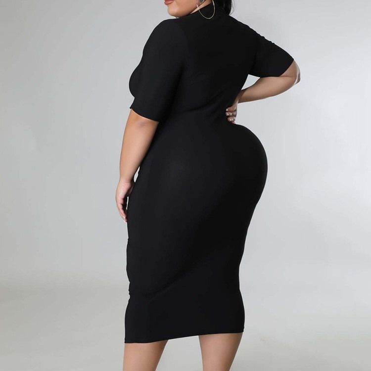 Plus Size Stativ Krage Mid-Calf Hollow Fall Bodycon Klänning