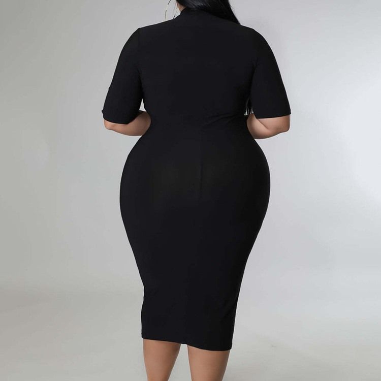 Plus Size Stativ Krage Mid-Calf Hollow Fall Bodycon Klänning