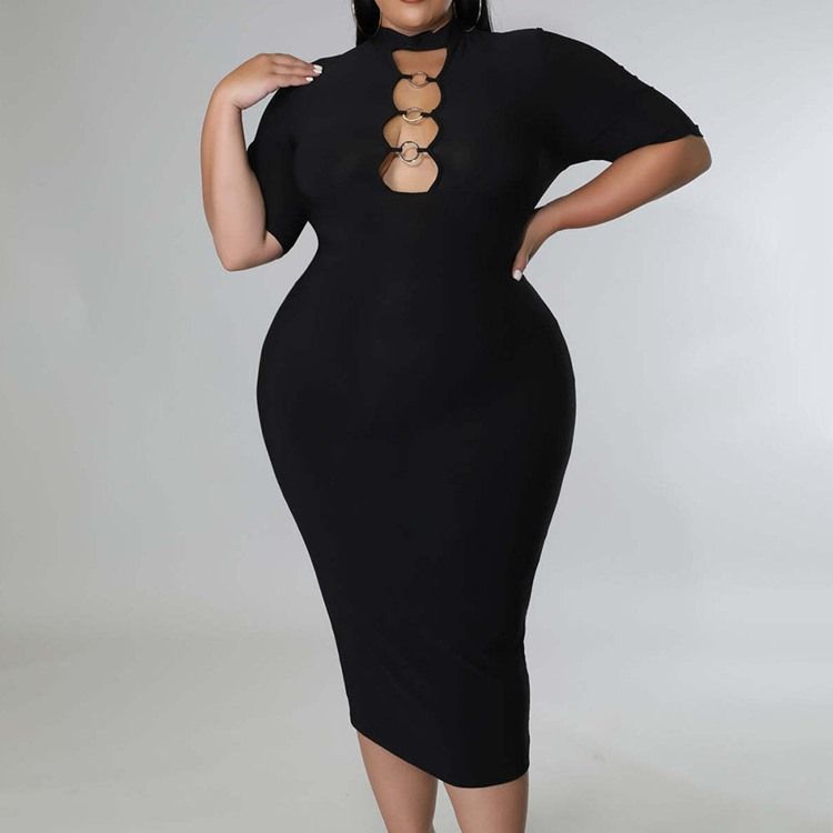 Plus Size Stativ Krage Mid-Calf Hollow Fall Bodycon Klänning