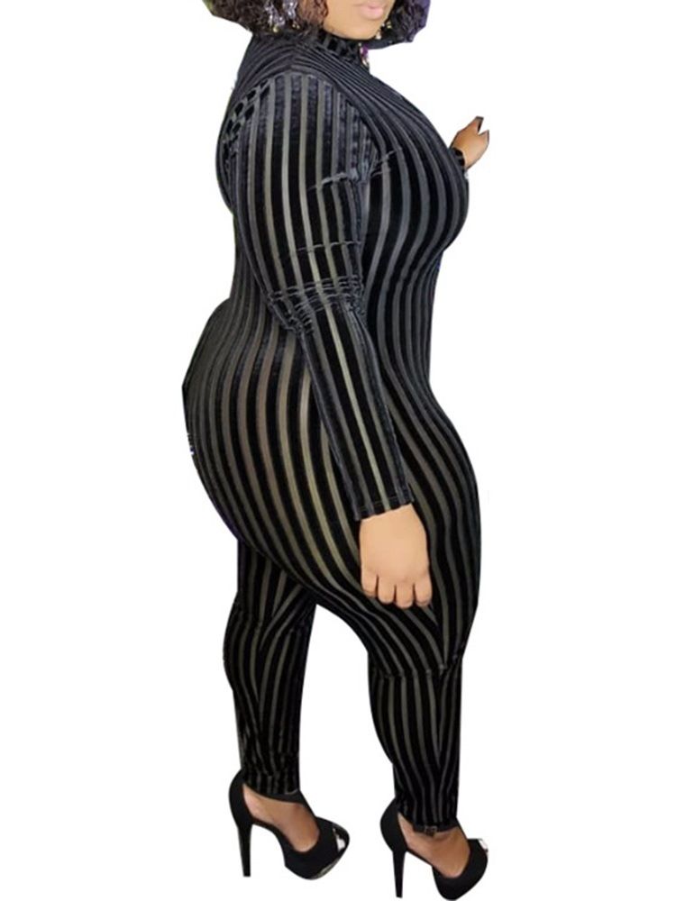 Plus Size Stripe Full Längd Casual Skinny Jumpsuit