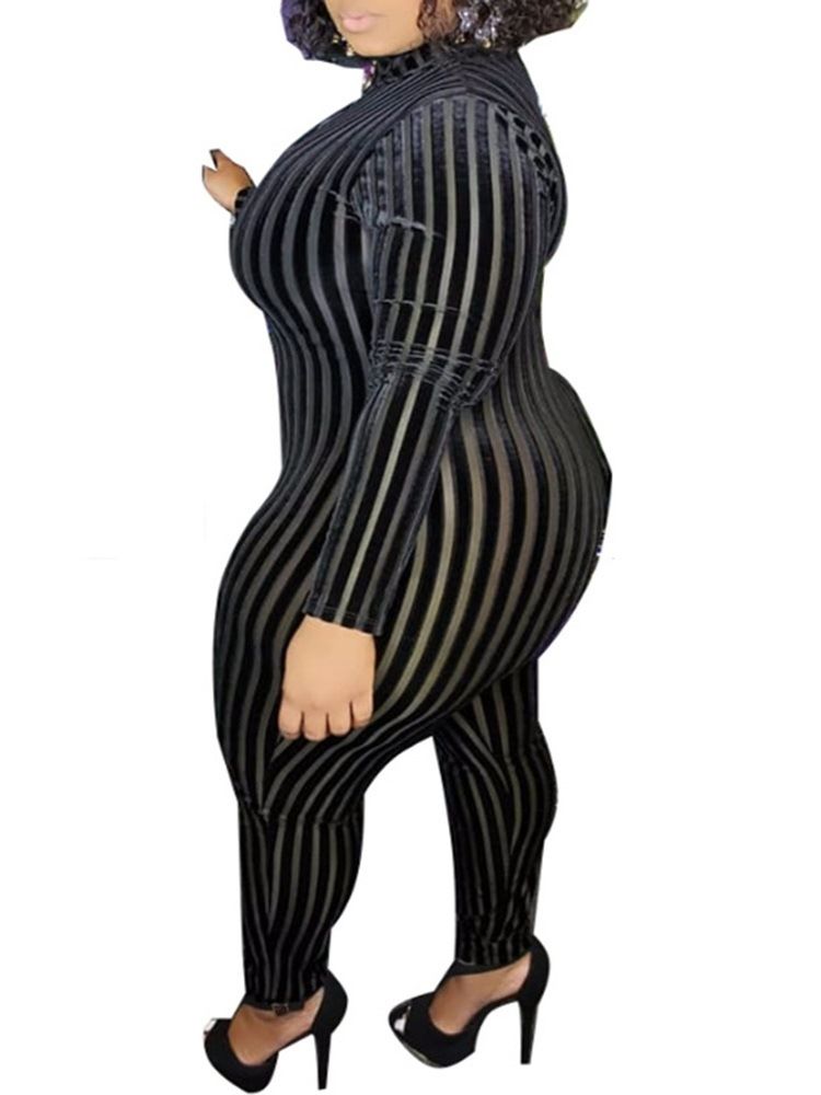 Plus Size Stripe Full Längd Casual Skinny Jumpsuit