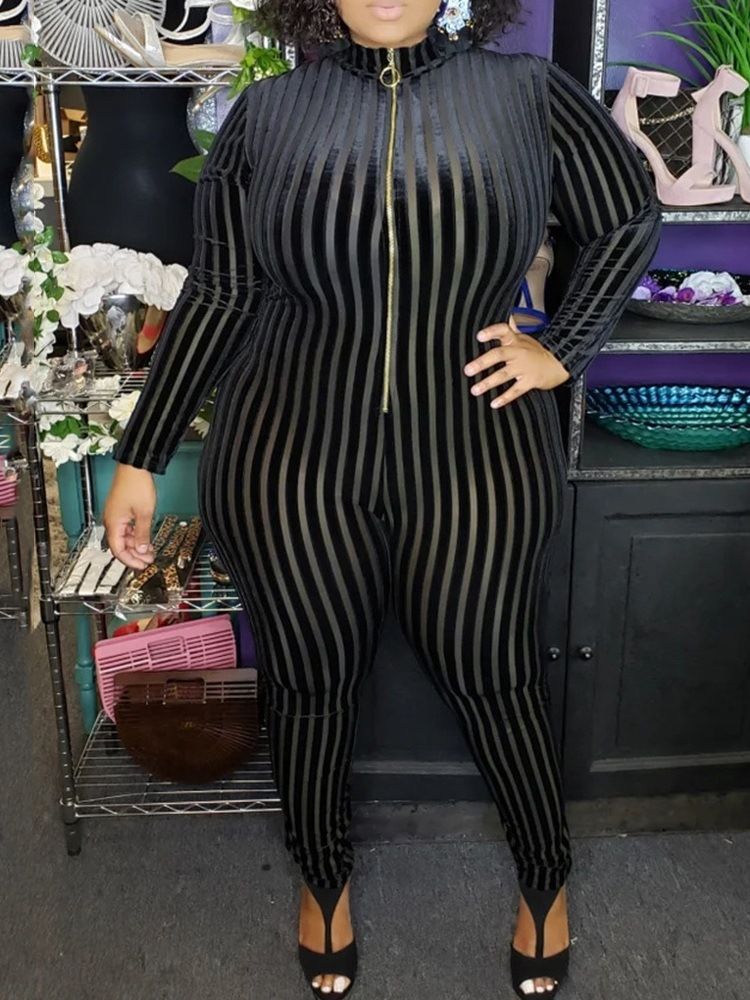 Plus Size Stripe Full Längd Casual Skinny Jumpsuit