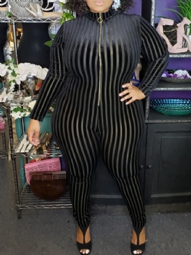 Plus Size Stripe Full Längd Casual Skinny Jumpsuit