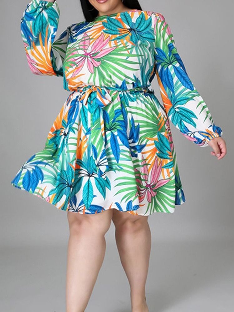 Print Knälång Rundhalsad Pulloverklänning Plus Size