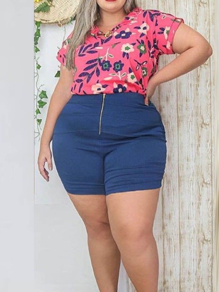 Shorts Casual Print Pullover Dam Tvådelad Set Plus Size