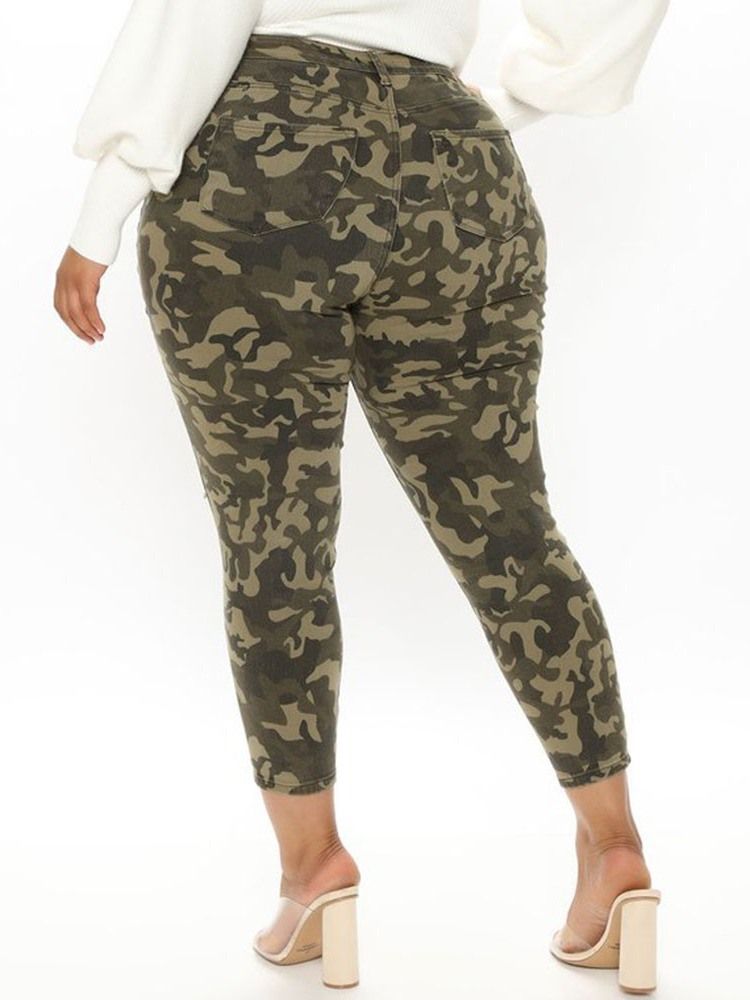 Skinny Hole Camouflage Pencil Byxor Ankellängd Dambyxor Plus Size