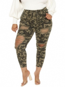 Skinny Hole Camouflage Pencil Byxor Ankellängd Dambyxor Plus Size