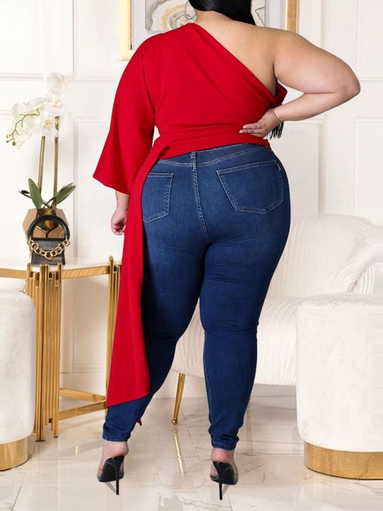 Snedkrage Långärmad Vanlig Lös Mode Plus Size T-Shirt För Kvinnor