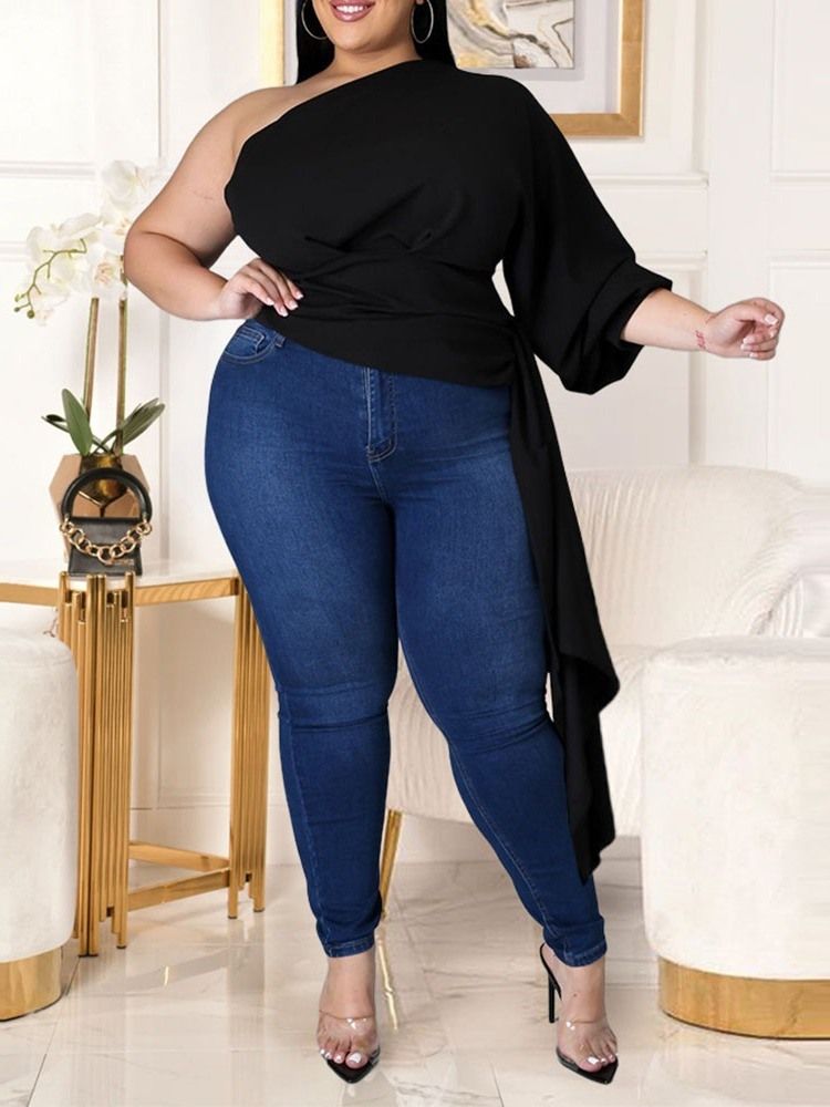 Snedkrage Långärmad Vanlig Lös Mode Plus Size T-Shirt För Kvinnor