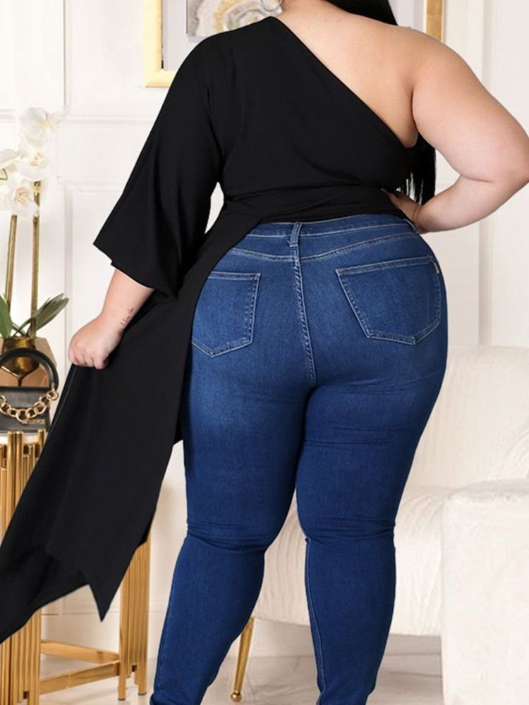 Snedkrage Långärmad Vanlig Lös Mode Plus Size T-Shirt För Kvinnor