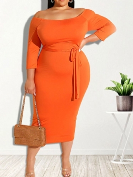 Spetsad Niopunktsärm Mid-Calf Regular Bodycon Klänning Plus Size