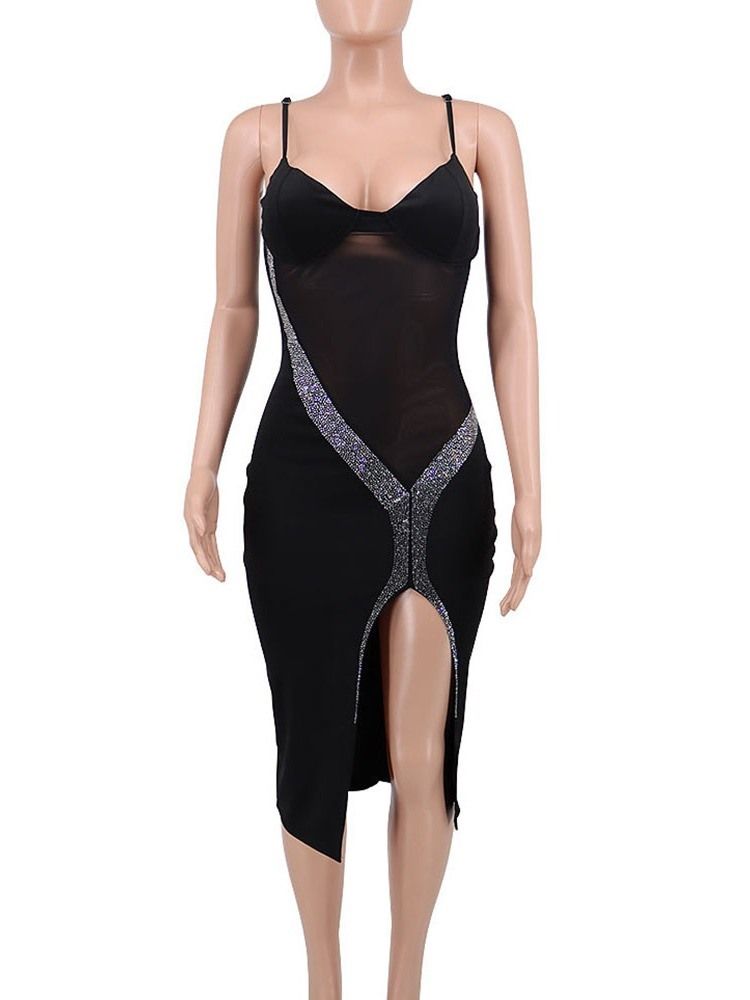 Ärmlös Mid-Calf Rhinestone Sommar Spaghetti Strap Bodycon Klänning