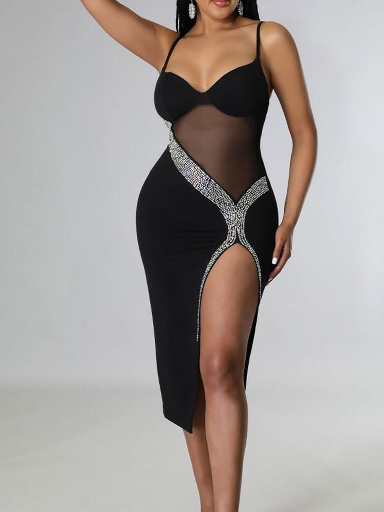 Ärmlös Mid-Calf Rhinestone Sommar Spaghetti Strap Bodycon Klänning