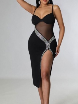 Ärmlös Mid-Calf Rhinestone Sommar Spaghetti Strap Bodycon Klänning