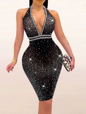 Ärmlös V-Ringad Rhinestone Sexig Hög Midja Bodycon Klänning