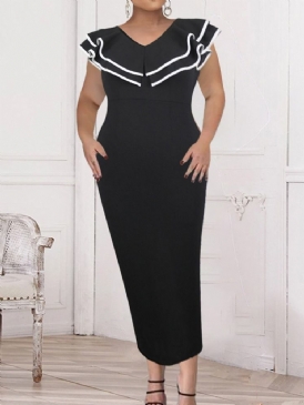 Ankellång Falbala Keps Ärm Color Block Fashion Bodycon Klänning Plus Size