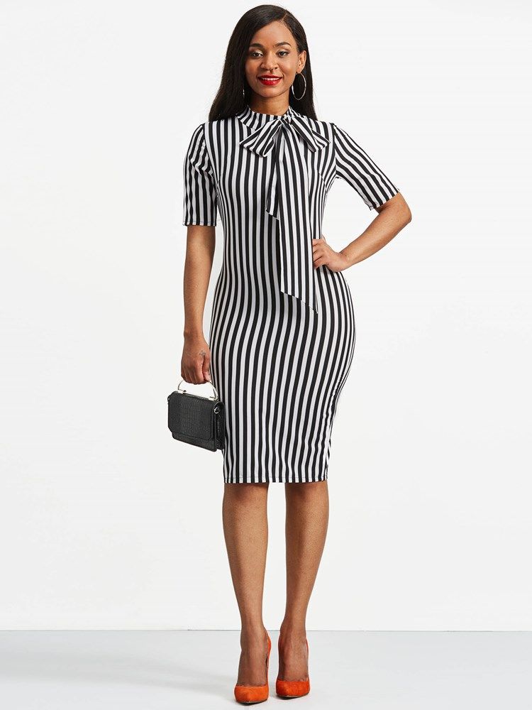 Bowknot Bow Collar Stripe Bodycon Klänning