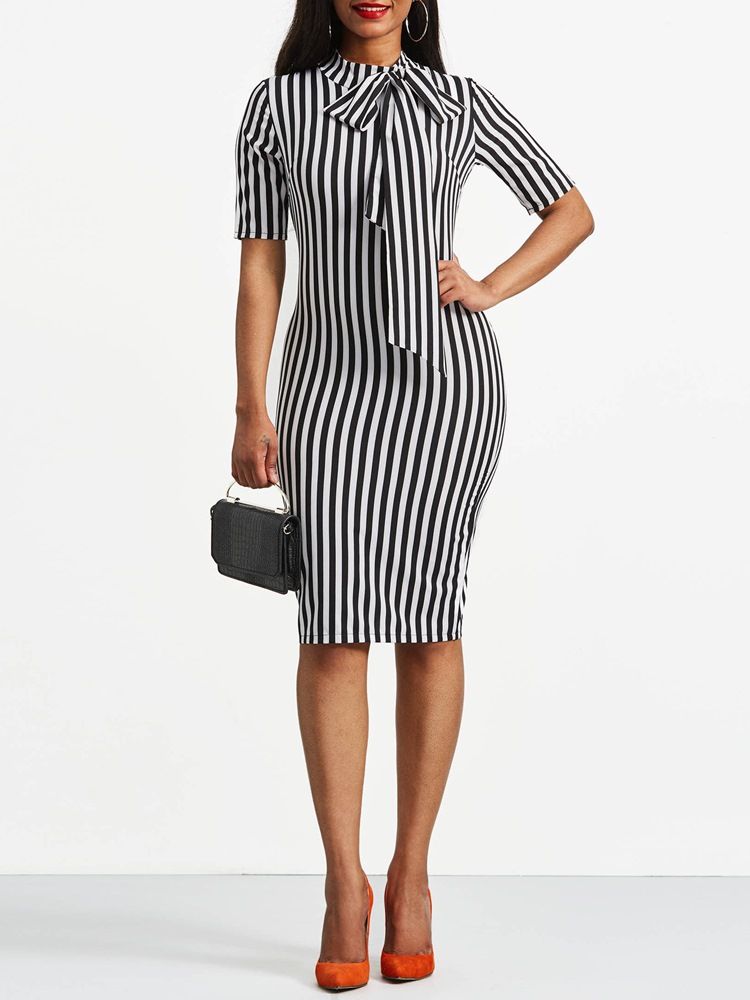 Bowknot Bow Collar Stripe Bodycon Klänning