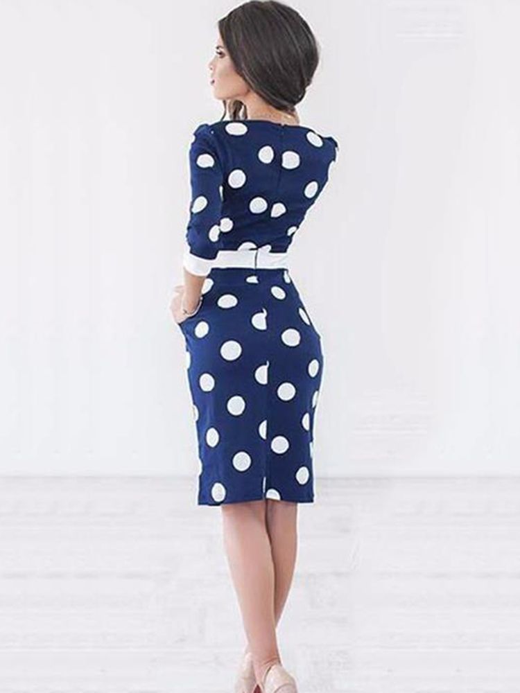 Knälång Bowknot Polka Dot Bodycon Klänning