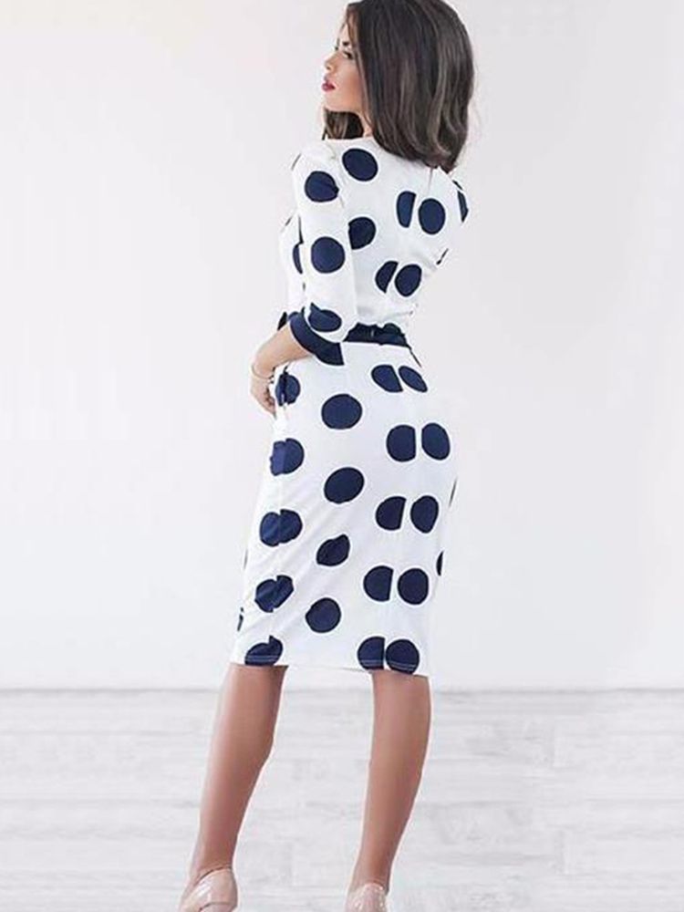 Knälång Bowknot Polka Dot Bodycon Klänning