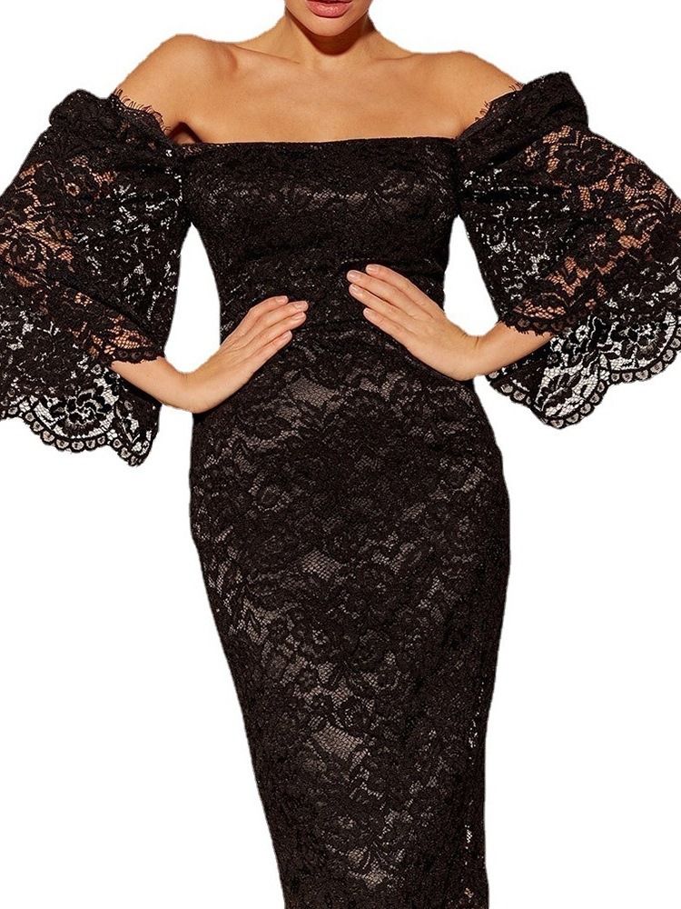 Lace Square Neck Knälång Vanlig Office Lady Bodycon Klänning