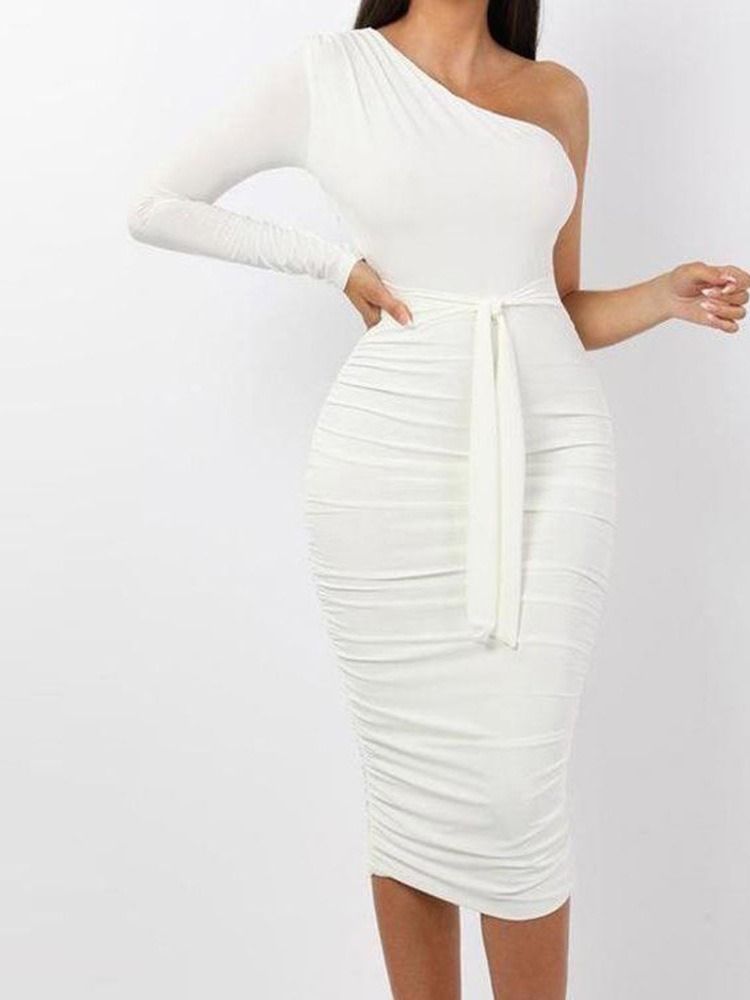 Långärmad Mid-Kalf Oblique Krage Stripe Bodycon Klänning