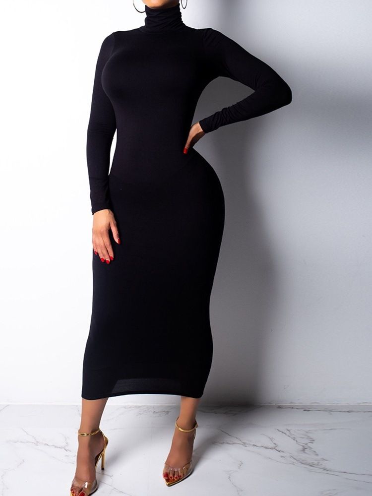 Långärmad Turtleneck Mid-Calf Plain Bodycon Klänningar