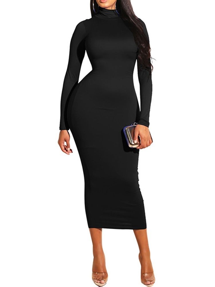 Långärmad Turtleneck Mid-Calf Plain Bodycon Klänningar