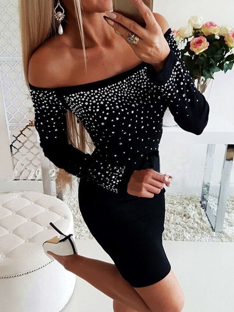 Long Sleeve Above Knee Diamond Cold Shoulder Bodycon Klänning