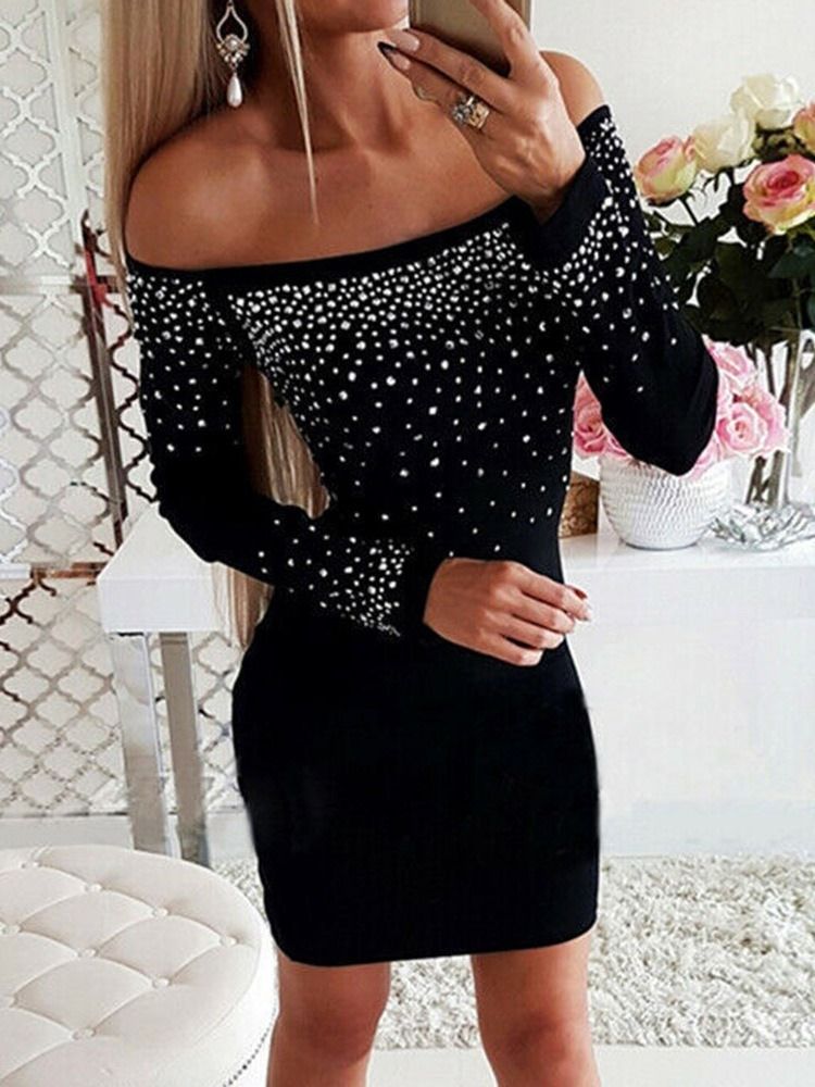 Long Sleeve Above Knee Diamond Cold Shoulder Bodycon Klänning