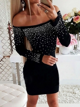 Long Sleeve Above Knee Diamond Cold Shoulder Bodycon Klänning