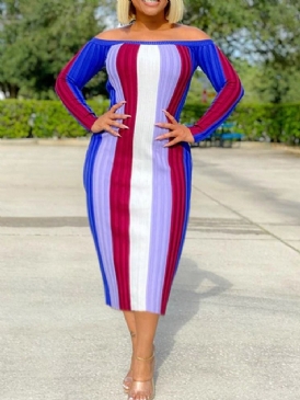 Mid-Calf Off Shoulder Långärmad Stripe Bodycon Klänning