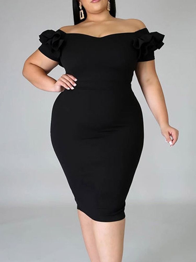 Mid-Kalf Kortärmad Stringy Selvedge Sommar Plain Plus Size Bodycon Klänning