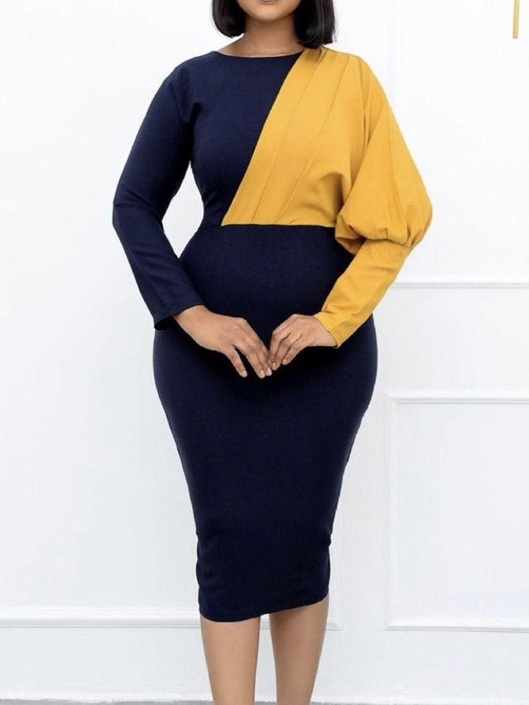 Mid-Kalv Långärmad Rund Hals Bodycon Color Block Klänning