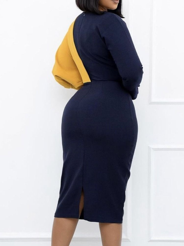 Mid-Kalv Långärmad Rund Hals Bodycon Color Block Klänning