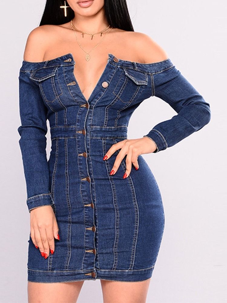 Off Shoulder Långärmad Knapp Vanlig Plain Bodycon Klänning Plus Size