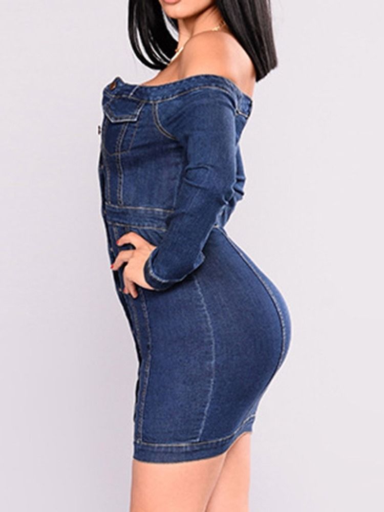 Off Shoulder Långärmad Knapp Vanlig Plain Bodycon Klänning Plus Size