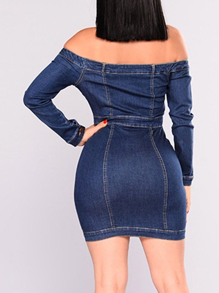 Off Shoulder Långärmad Knapp Vanlig Plain Bodycon Klänning Plus Size