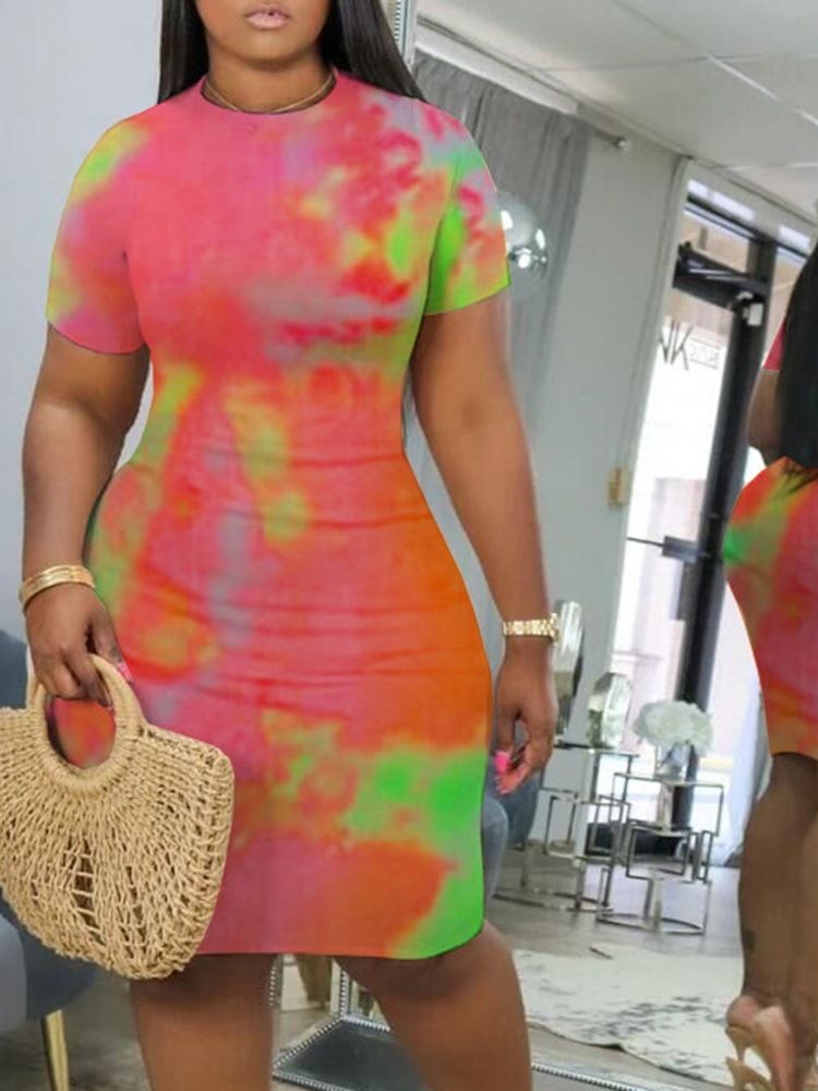 Tie-Dye Knälång Kortärmad Bodycon-Klänning Med Mitten Av Midjan