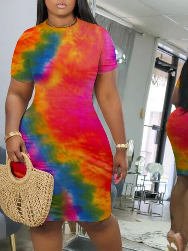 Tie-Dye Knälång Kortärmad Bodycon-Klänning Med Mitten Av Midjan