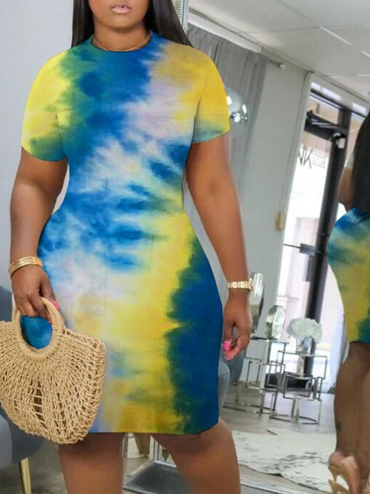 Tie-Dye Knälång Kortärmad Bodycon-Klänning Med Mitten Av Midjan