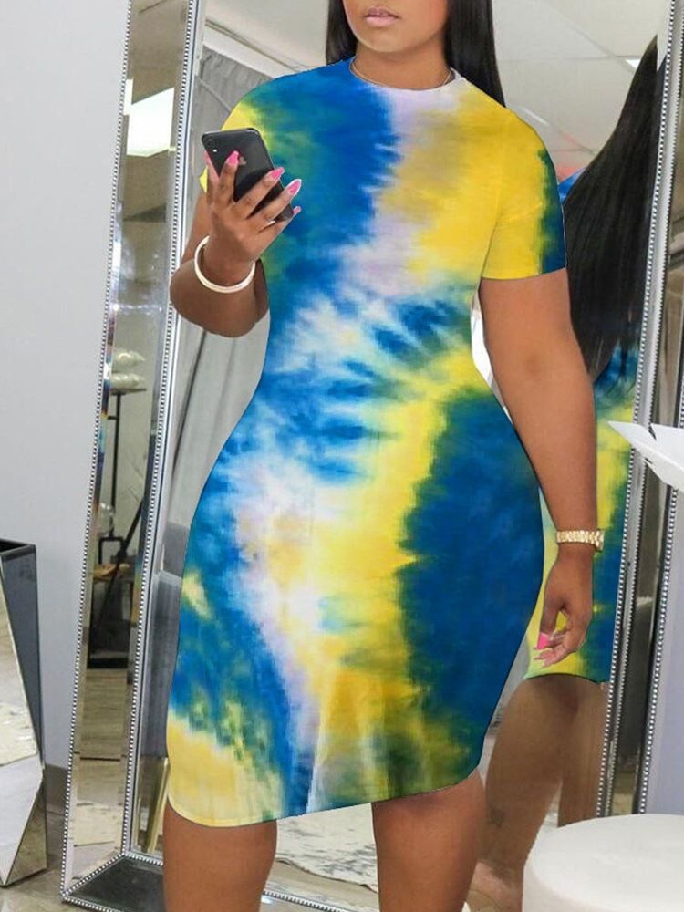 Tie-Dye Knälång Kortärmad Bodycon-Klänning Med Mitten Av Midjan