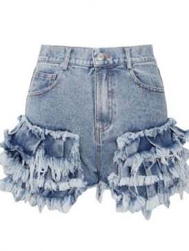 Tassel Slim Zipper Slim Denim Shorts För Kvinnor