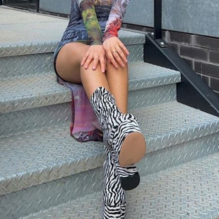 Rund Tå Zebra Chunky Heel Platform Stövlar Boots