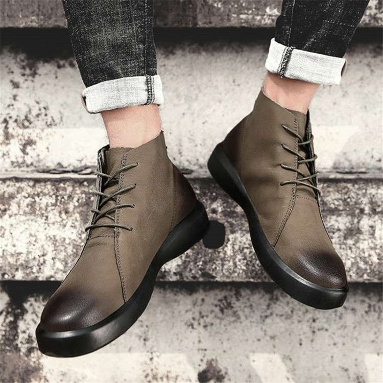 Lace-Up Fram Rund Toe Patchwork Pu Herrstövlar